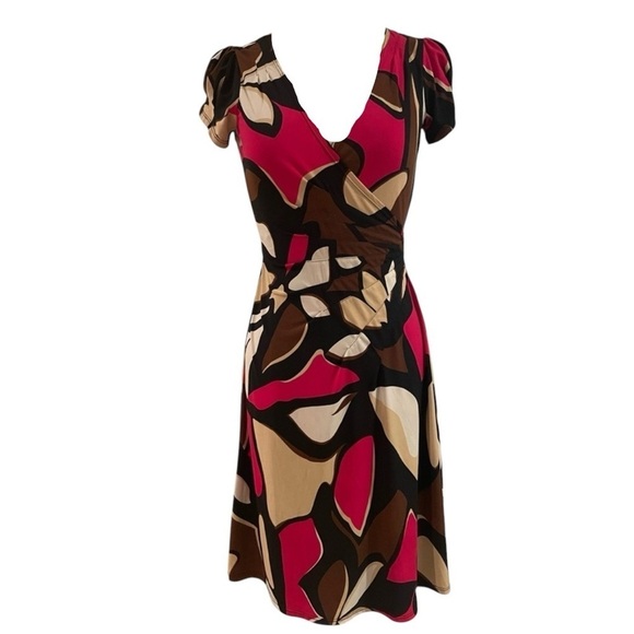 Bisou Bisou Patterned Wrap Dress, Brown/Black/Pink, Size 4 - Picture 1 of 7